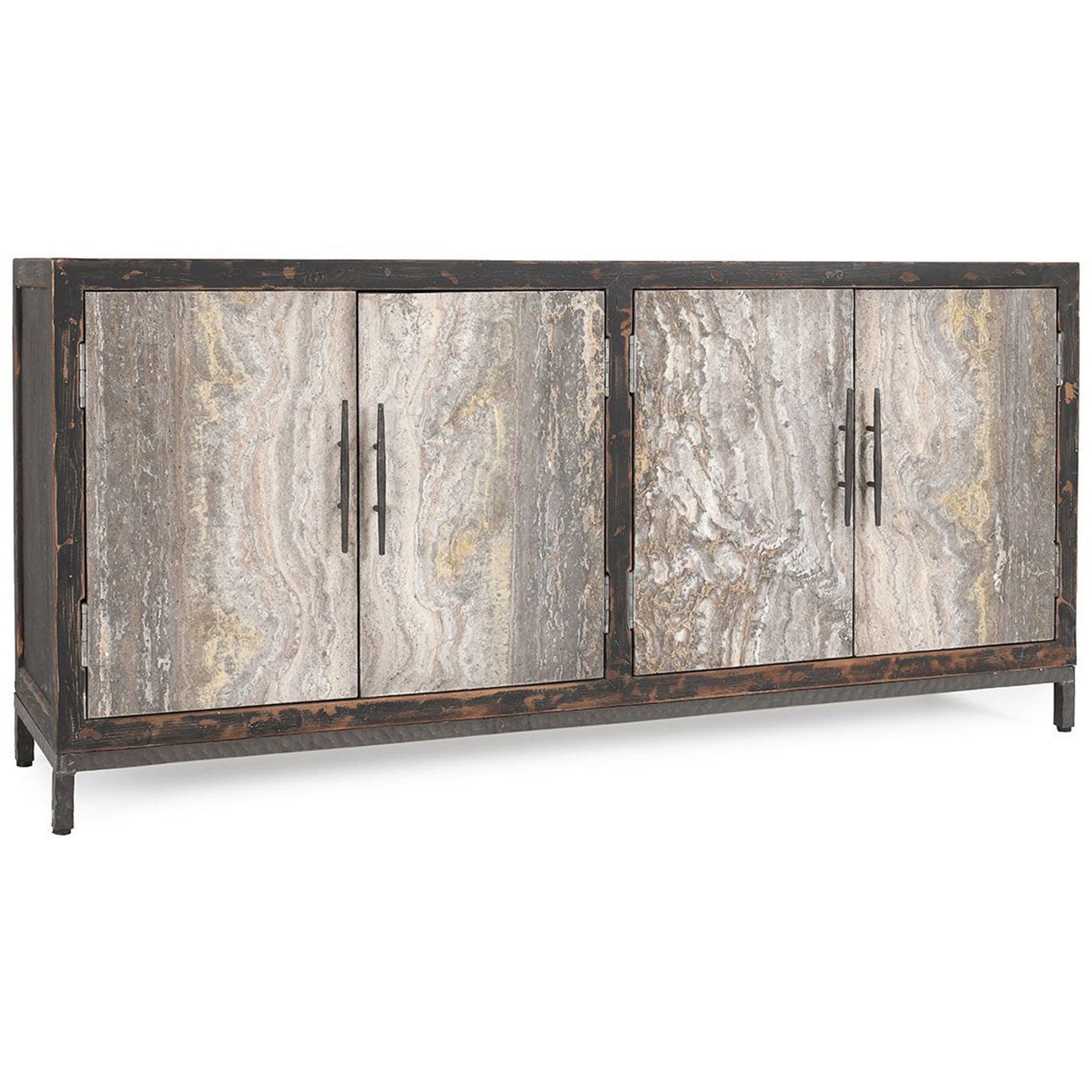Lisbon Solid 4Dr Cabinet, Weathered Black/Travertine