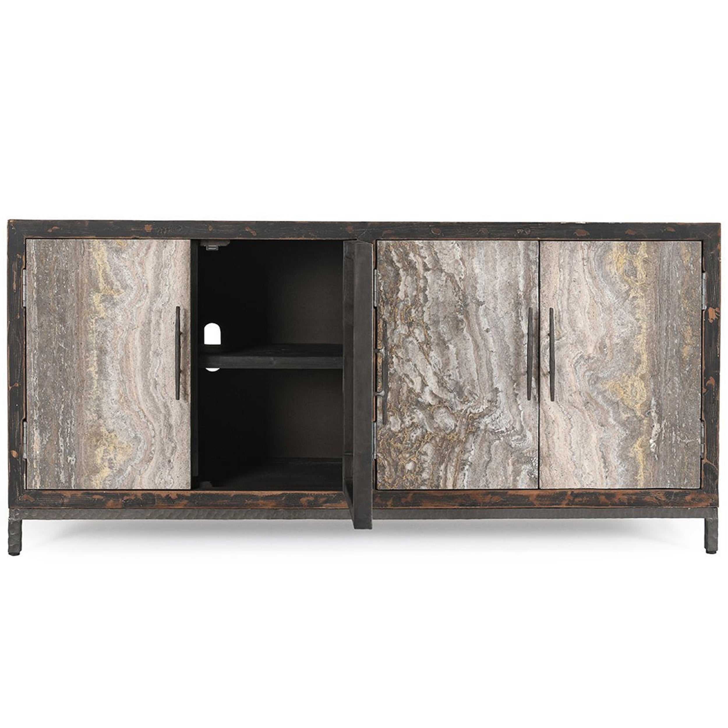 Lisbon Solid 4Dr Cabinet, Weathered Black/Travertine