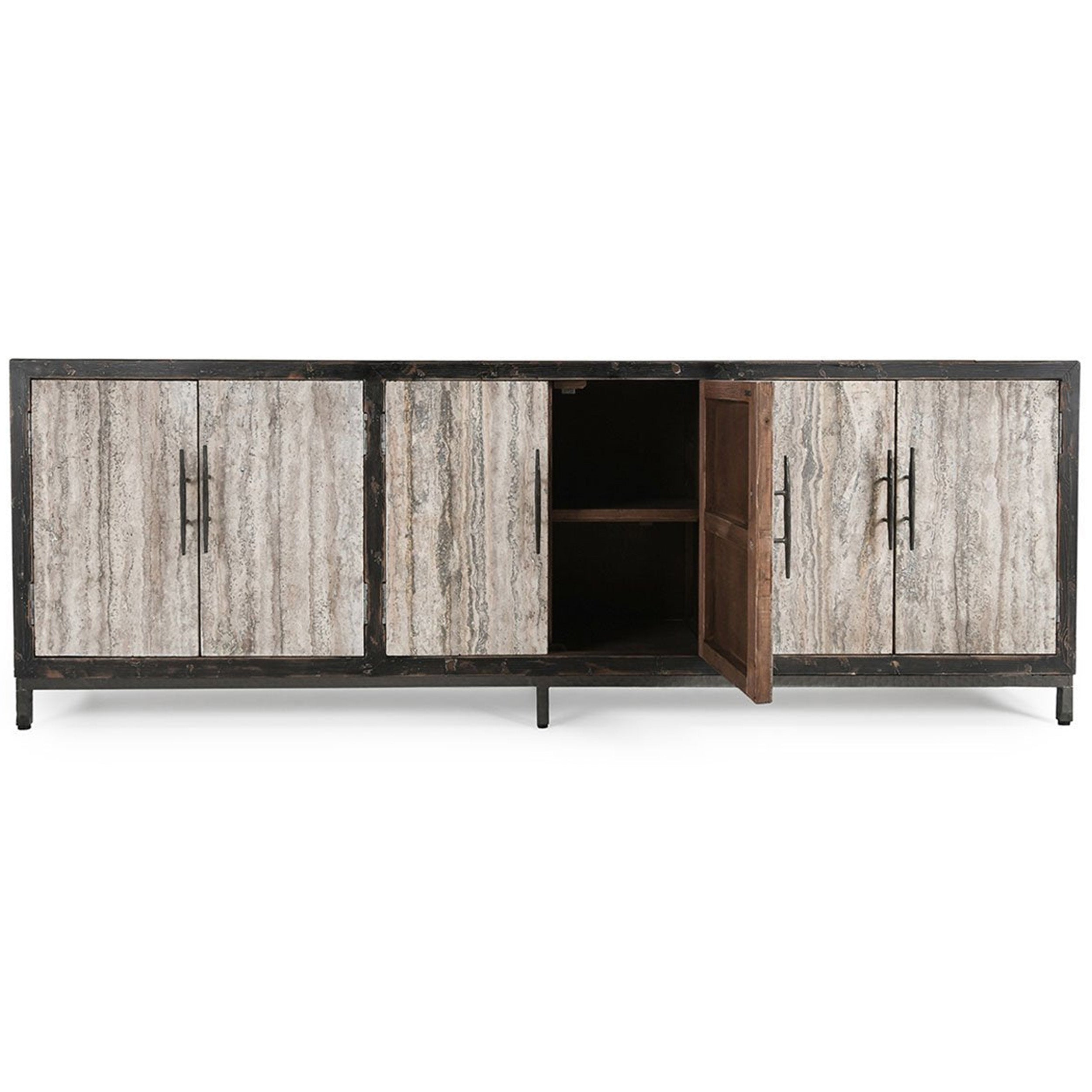Lisbon Solid Wood 6Dr Cabinet, Weathered Black/Travertine