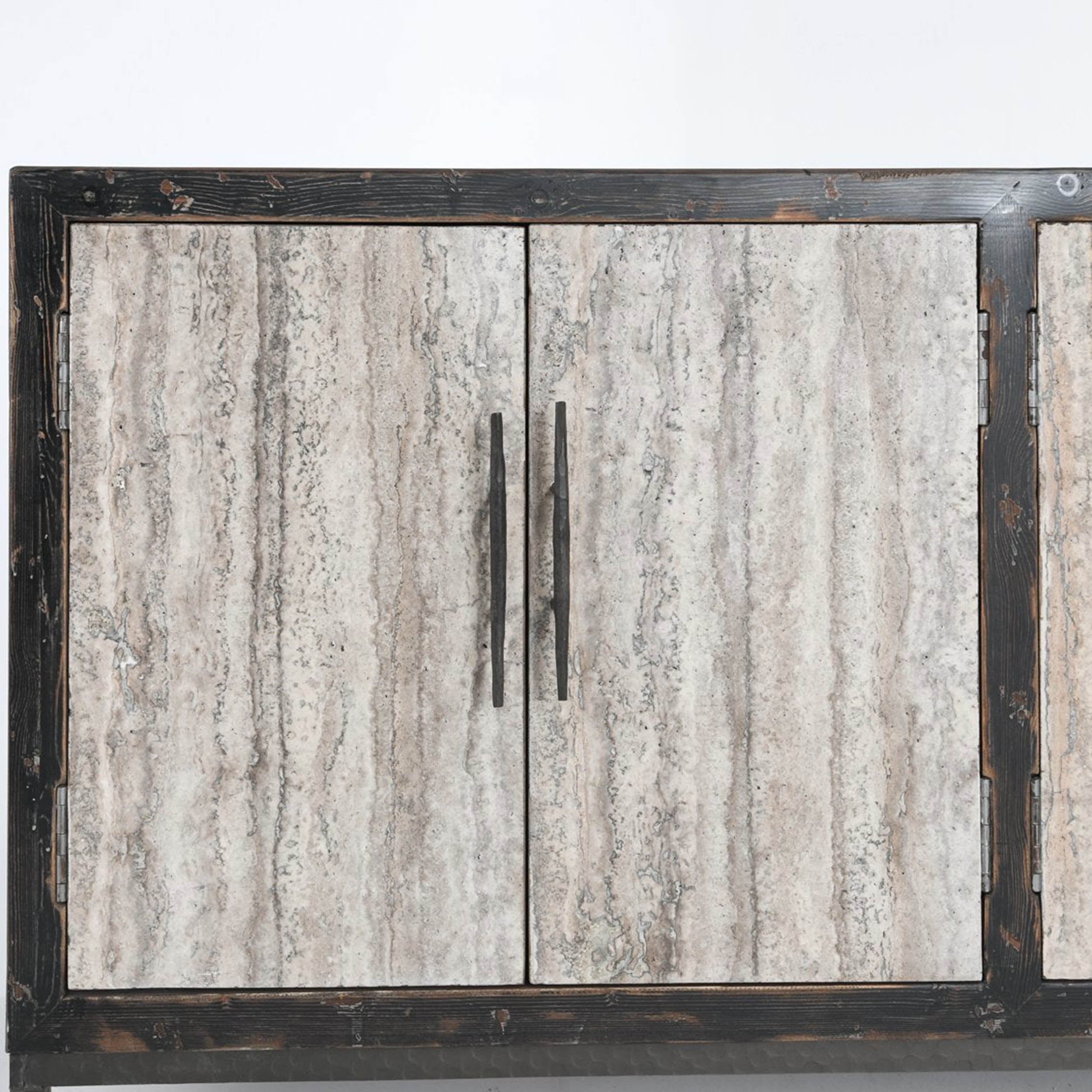 Lisbon Solid Wood 6Dr Cabinet, Weathered Black/Travertine