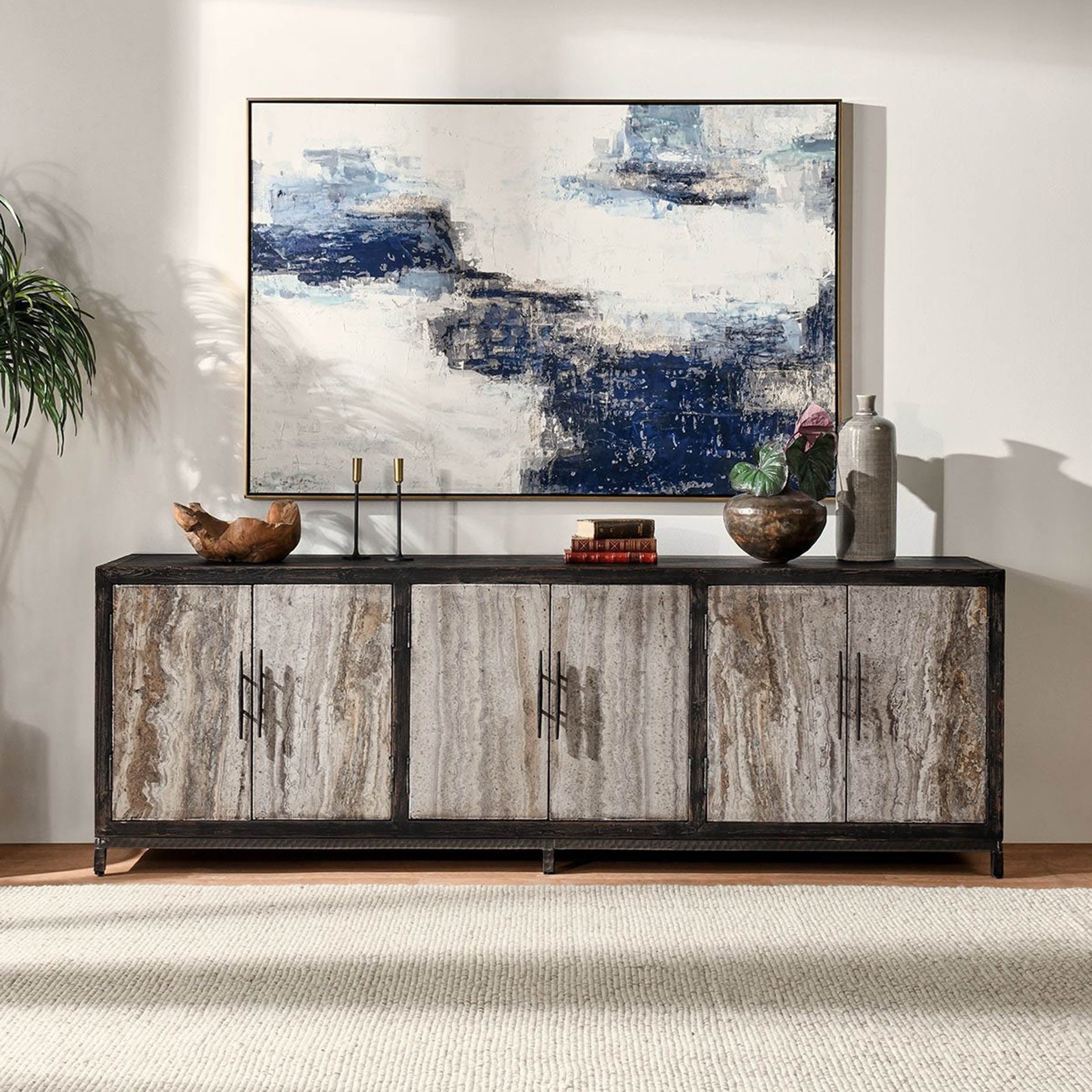 Lisbon Solid Wood 6Dr Cabinet, Weathered Black/Travertine