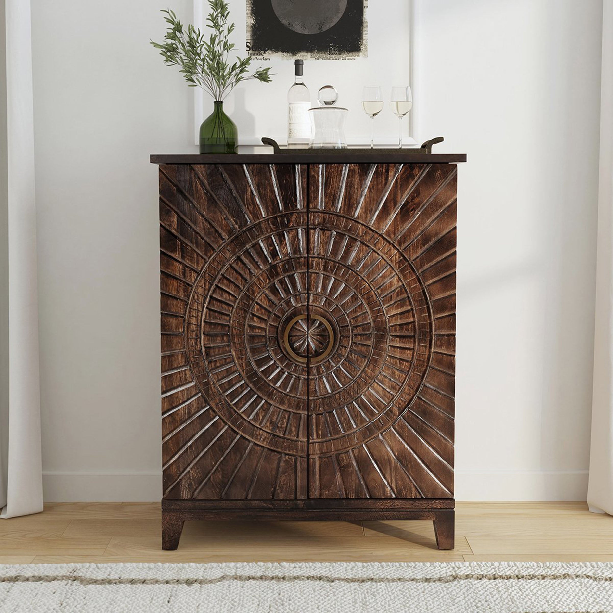 Vivian Solid Wood Bar Cabinet, Bark Brown